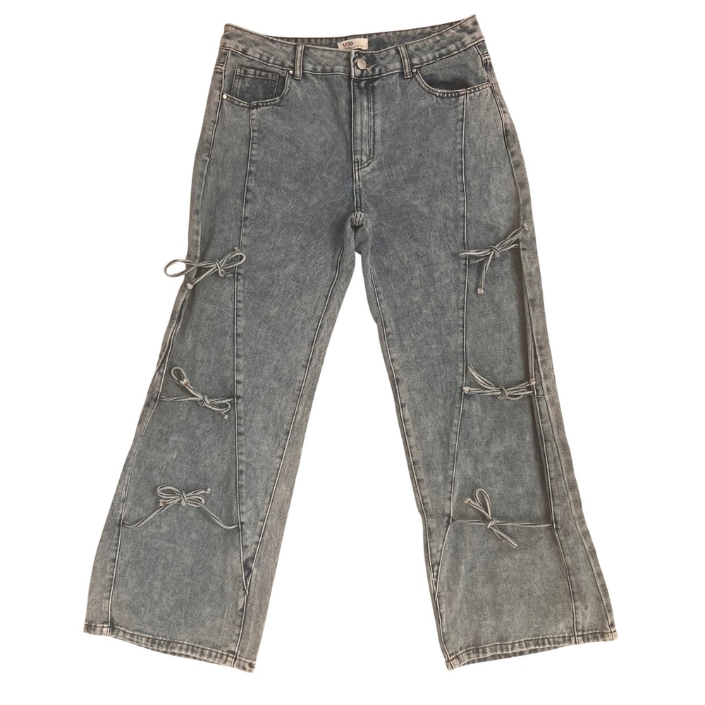 1030 T.E.N.T.H.I.R.T.Y Bow Tie Cut Out Straight Leg Jeans Acid Wash Blue 11/30